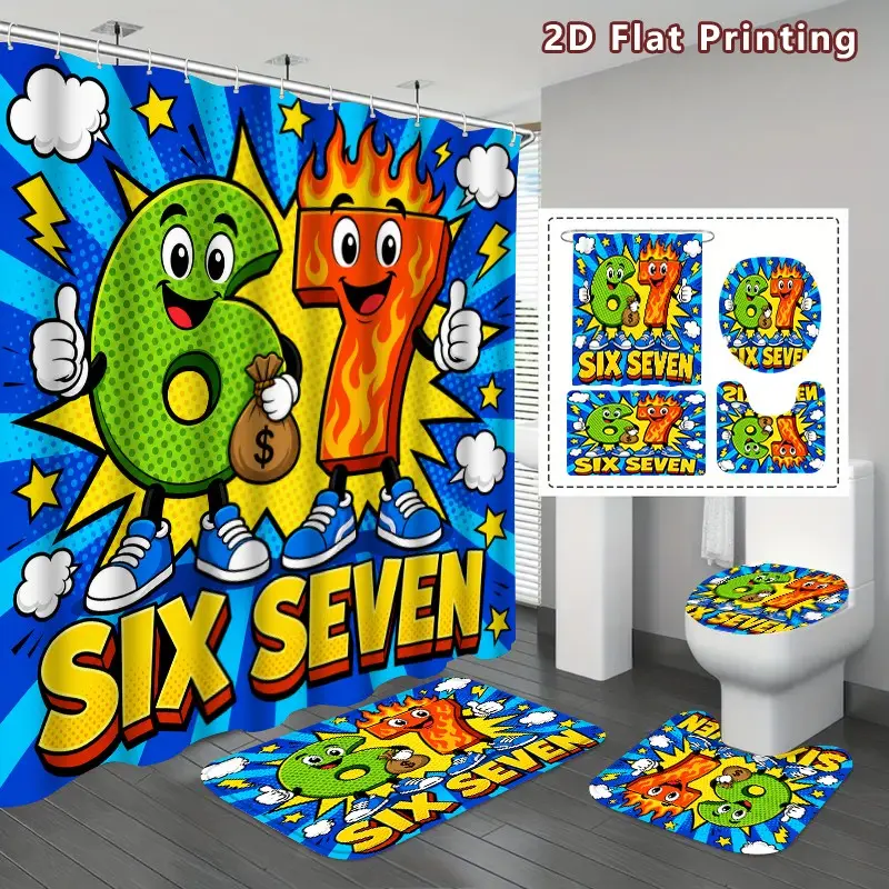 2D Flat 4PCS Cartoon Numbers Six Seven Shower Curtain set, Bright Pop Art Green Six Fiery Orange Seven Bathroom Decor, Accessories with Bath Mat, U-shaped Mat, Toilet Lid Cover, Shower Curtain Includes hooks, Home Decor, bathroom accessories