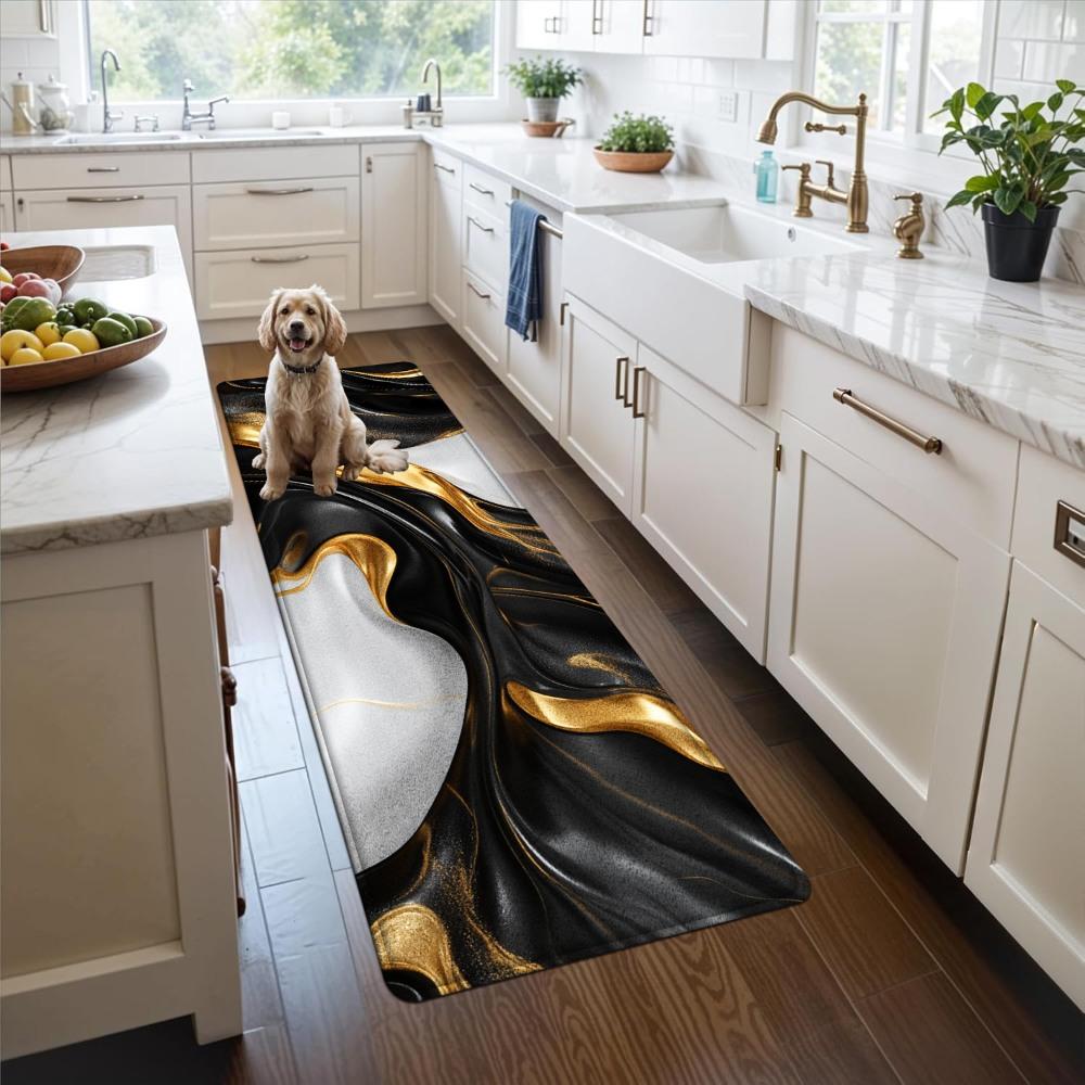 1PC， Black Gold White Fluid Texture Patterned strip rugs, home décor, bathroom mats, entryway mats, bathroom non-slip mats, indoor entrance rugs, bedroom bedside mats, kitchen mats, hallway rugs, flannel sponge rugs, hallway runner rugs