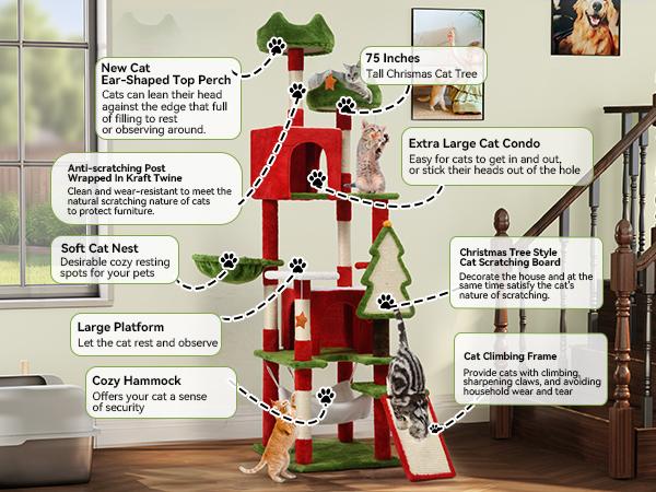 Yitahome Tall Cat Tree Tower for Indoor Cats, 75in Multi-Level Cat Climbing Tower with Cat Condos, Top Perches, Hammock, Sisal Scratching Posts and Board, Kittens Play Activity Center, Christmas Decor Yitahome Tall Cat Tree Tower for Indoor Cats, 75in Multi-Level Cat Climbing Tower with Cat Condos, Top Perches, Hammock, Sisal Scratching Posts and Board, Kittens Play Activity Center, Christmas Decor