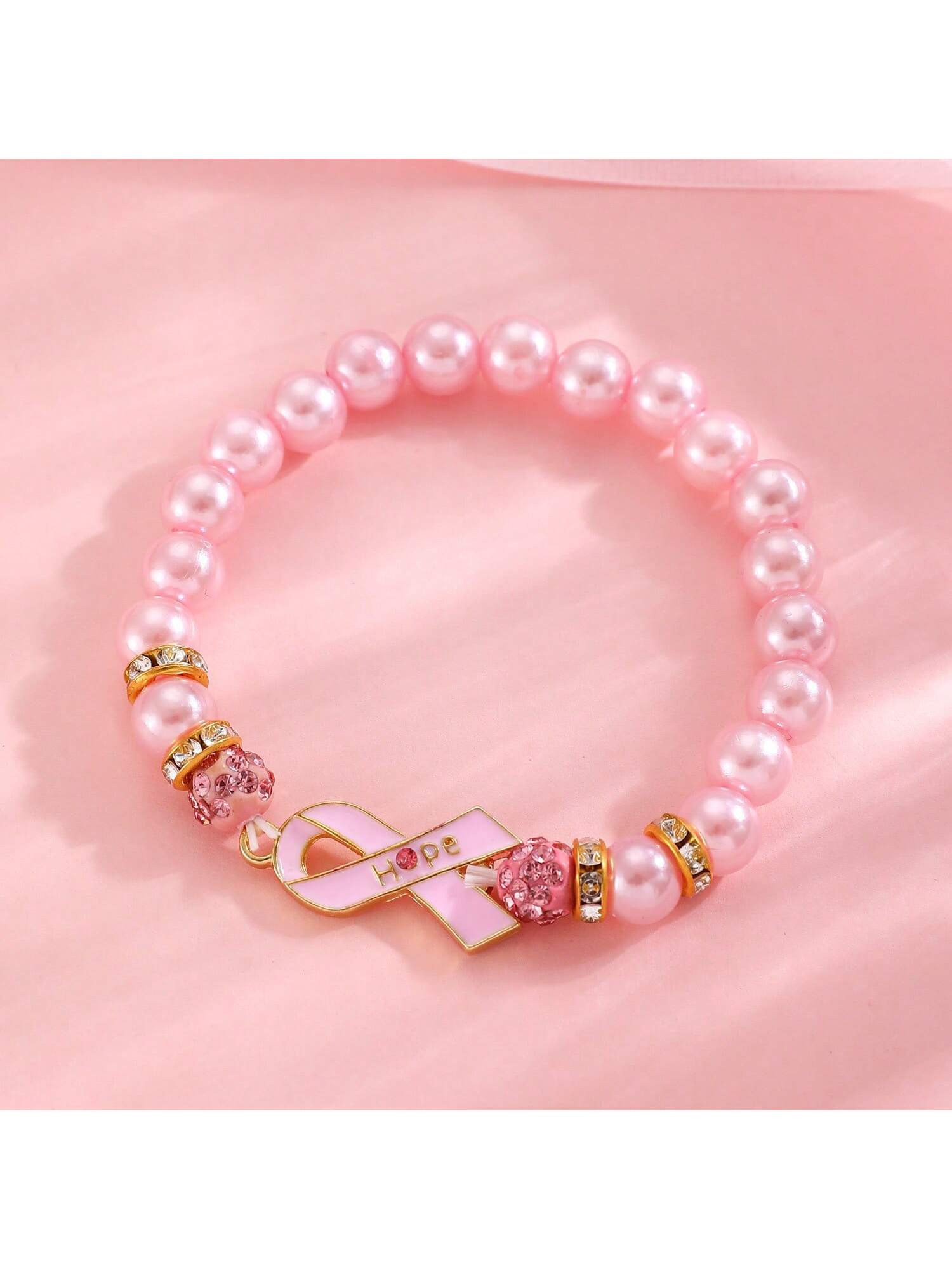 Ribbon Breast Cancer Awareness Faux Pearl & Rhinestone Beaded Bracelet, Ideal for Everyday Use or Special Occasions