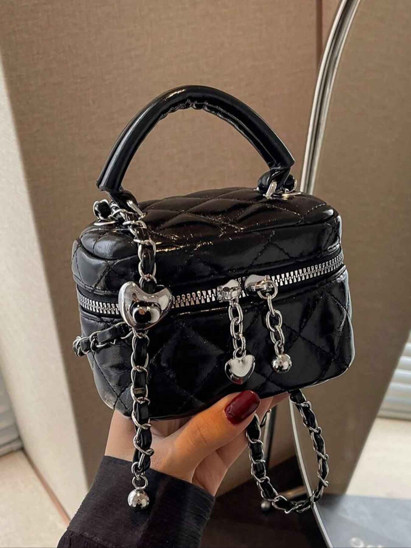 Women's Fashionable Solid Color Quilted Crossbody Bag, Elegant Mini Handbag with Heart Decor, Casual Trendy Versatile High-quality Daily Commuting Bag, Handbag Shoulder Bag