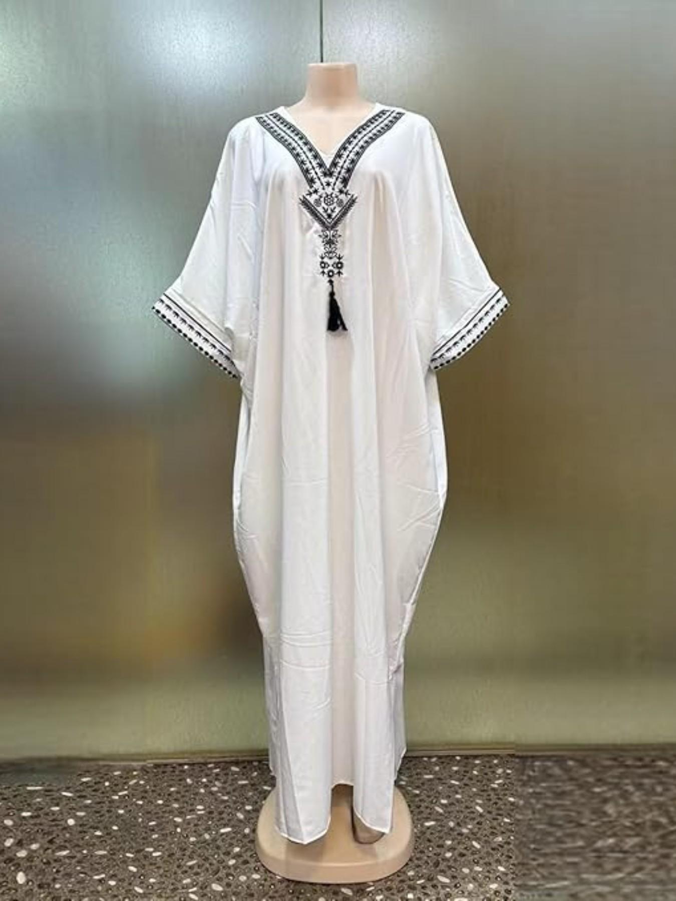 Women's Summer Solid Color Embroidered Fringe Caftan Casual Wear Dress with Pockets and Side Slit