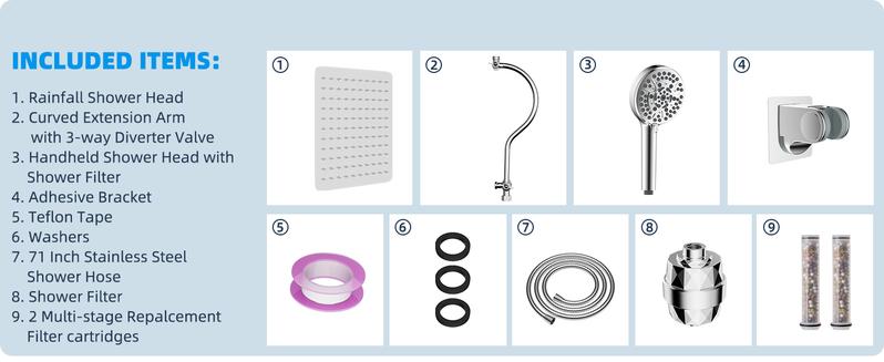 Hibbent All Metal 10'' Dual Filtered Rainfall Shower Head Combo, High Pressure Handheld Shower Head with 12'' Adjustable Curved Extension Arm, 20 Stage Shower Filter, 10-spray, 71'' Hose, Chrome