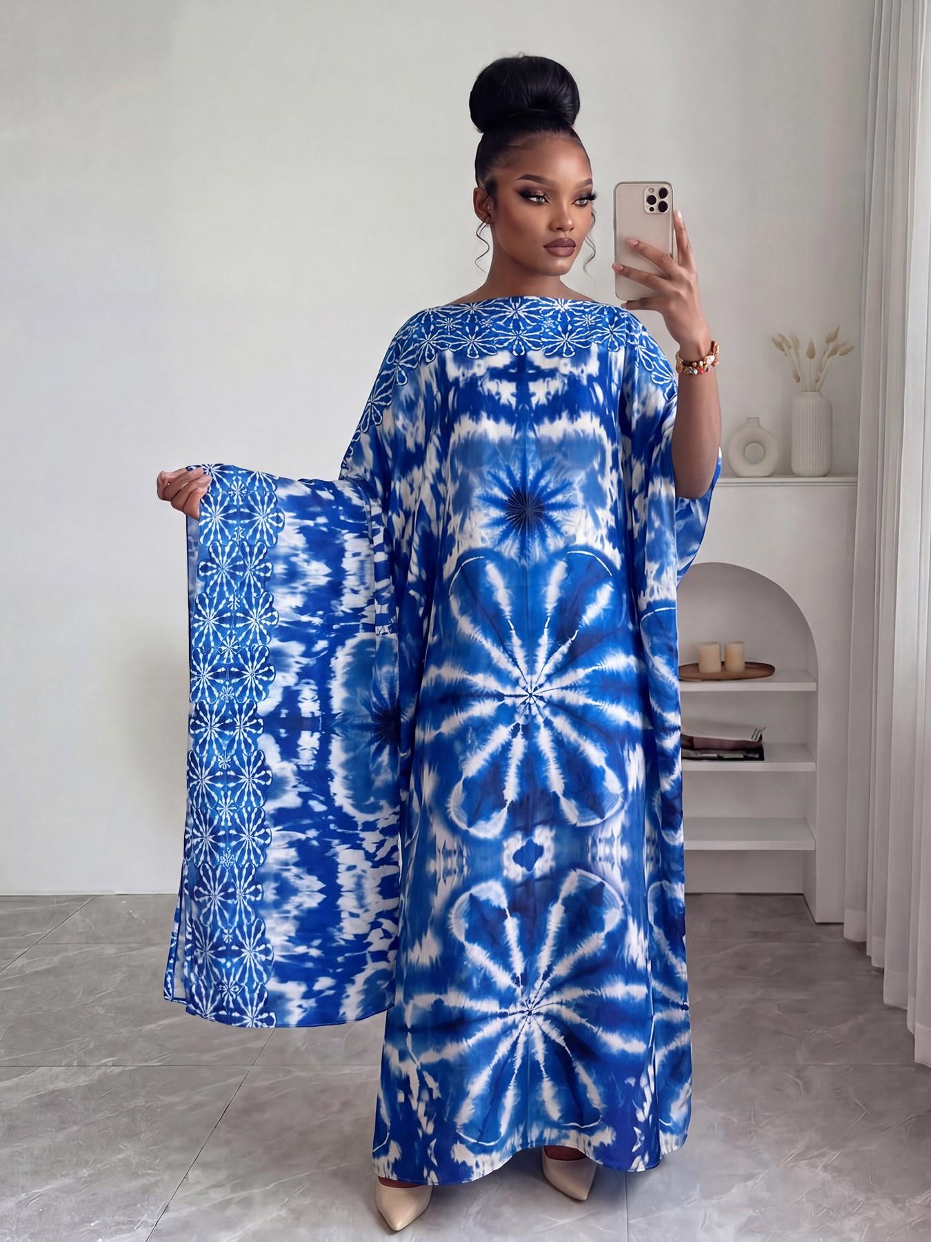 Elegant Fashion Full-Print Robe Set, Moo Moo Printed Loose Long Dress with Scarf, Shawl, Women's Beach Sun Protection Casual Outfit