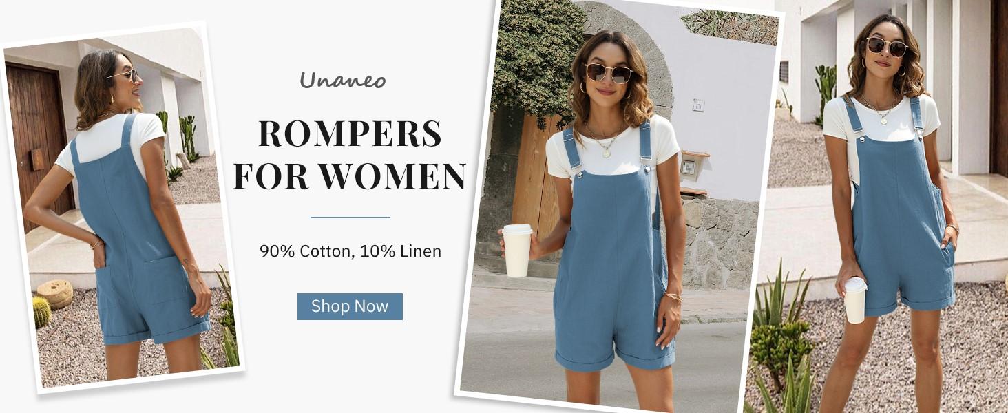 UANEO Women's Cotton Linen Short Overalls Casual Summer Bib Shortalls with Pockets Lady Comfort Minimalist