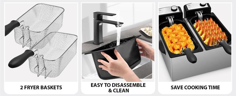 SUSTEAS 2-basket electric fryer, 5.2QT/6.3QT, 3000W, timer, viewing window, odorless filter, stainless steel. Perfect for crispy frying