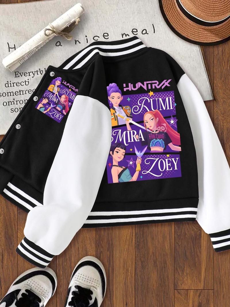 Anime Hunter Girl Short Baseball Collared Jacket, Casual Sports School Uniform, Elastic Fabric, Girls Fall Winter Halloween Outerwear