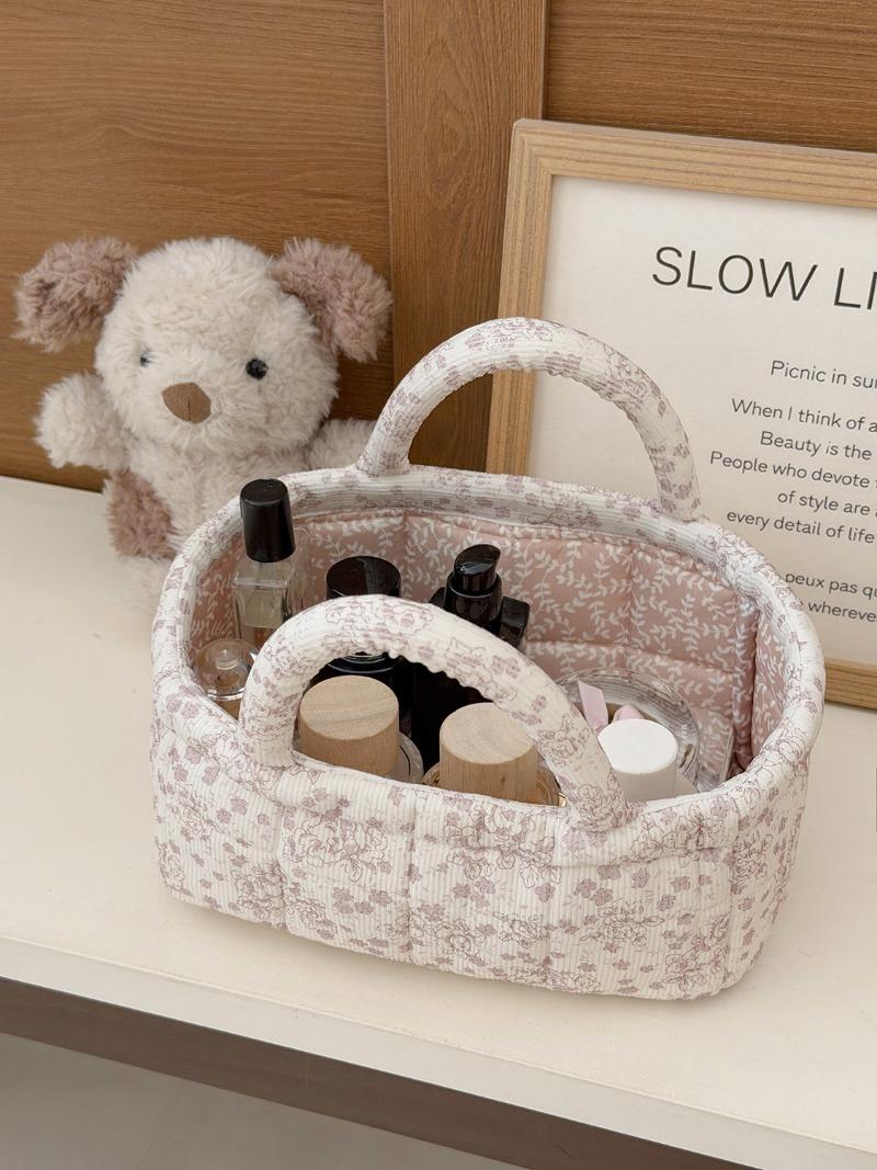 Flannel Peony Storage Basket, Floral Quilted Handheld Organizer, Desktop Living Room Bedroom Sorter, Cosmetic Bags