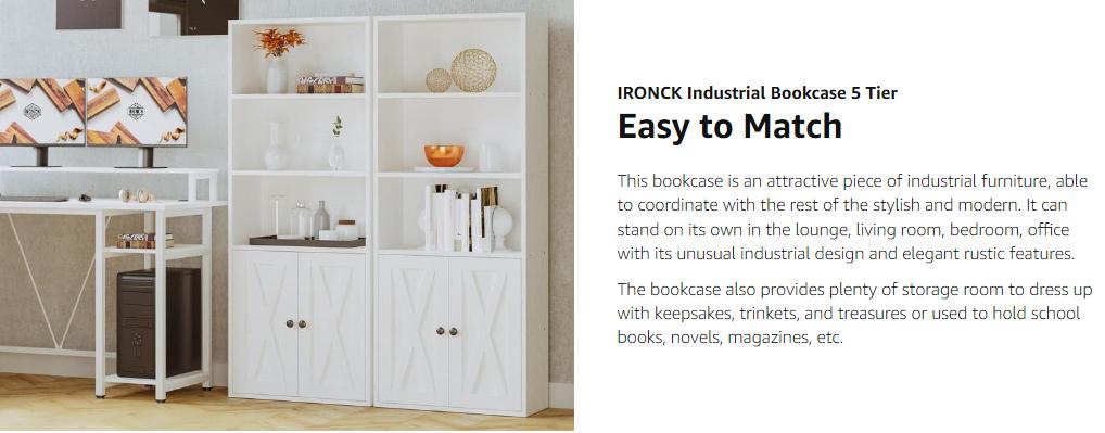 IRONCK Industrial Bookshelves and Bookcases with Doors 11.8 in Depth Floor Standing 5 Shelf Display Storage Shelves Bookcase Home Decor Furniture for Home, Office, Living Room, Bedroom