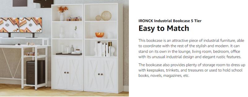 IRONCK Industrial Bookcase with Doors, 5-Shelf Organizer, 11.8" Deep Floor Standing Storage Rack for Home, Office,  Living Room