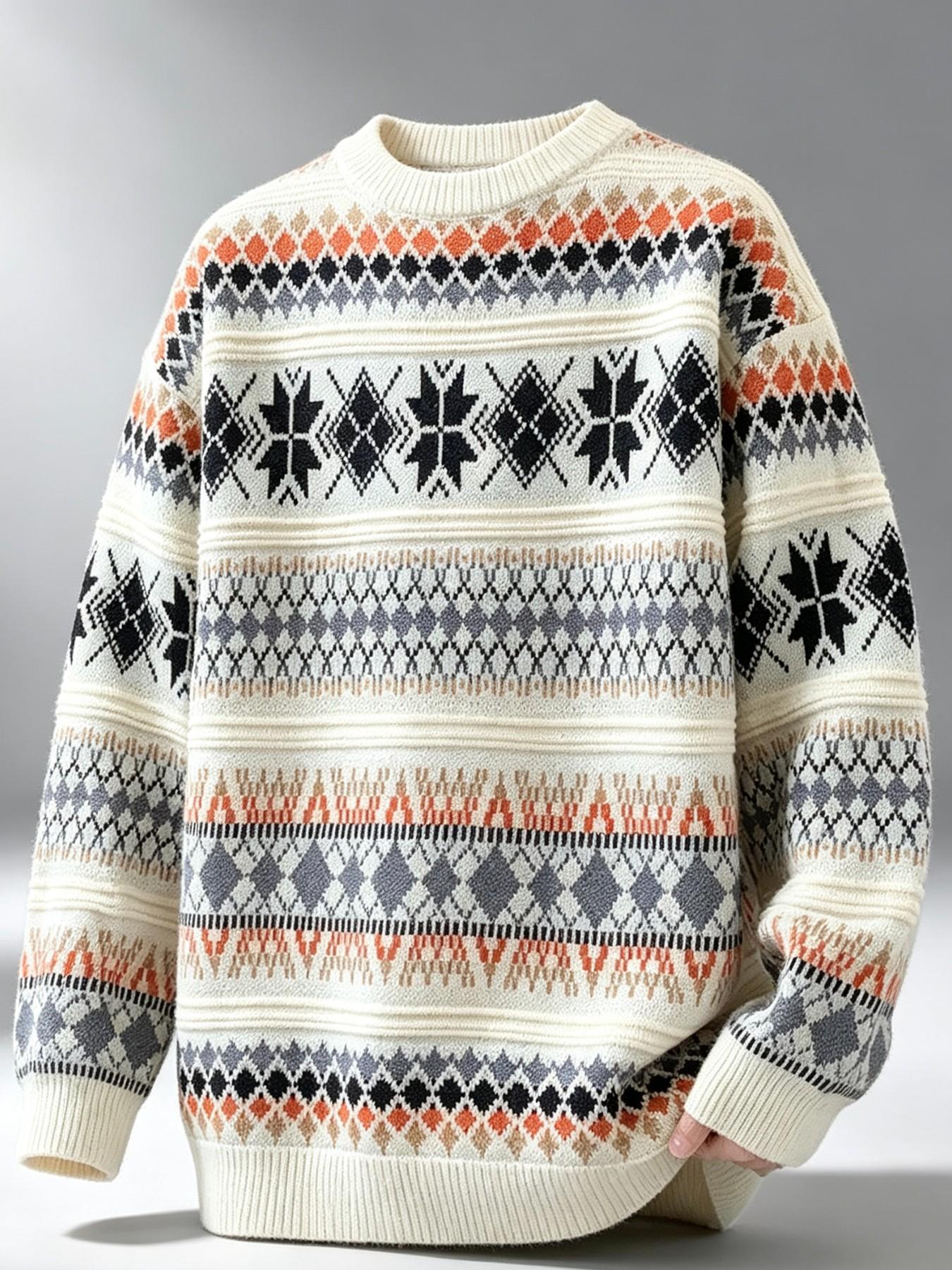 Men's Fair Isle Knit Sweater, Thick Warm Round Neck Pullover, Vintage Nordic Geometric Pattern, Fall Winter Casual Streetwear