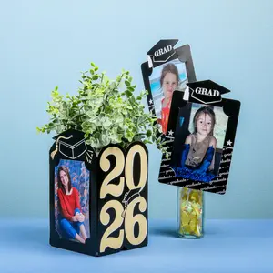Black Graduation Party Decorations, Photo Display Centerpiece Kit - 15 Double-Sided Photo Table Topper Sticks, Vertical and Horizontal 4x6 Picture Holders - Graduation Cheers