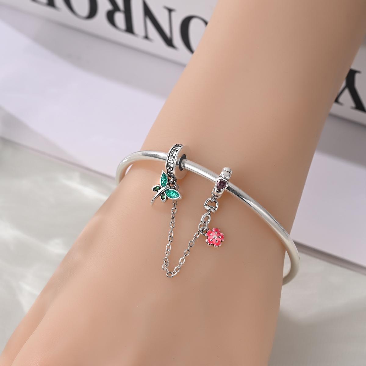 Single Piece Flower Safety Chain Charm, Dragonfly Cherry Blossom Arrow Design, Botanical Floral Jewelry for Pandora Bracelet