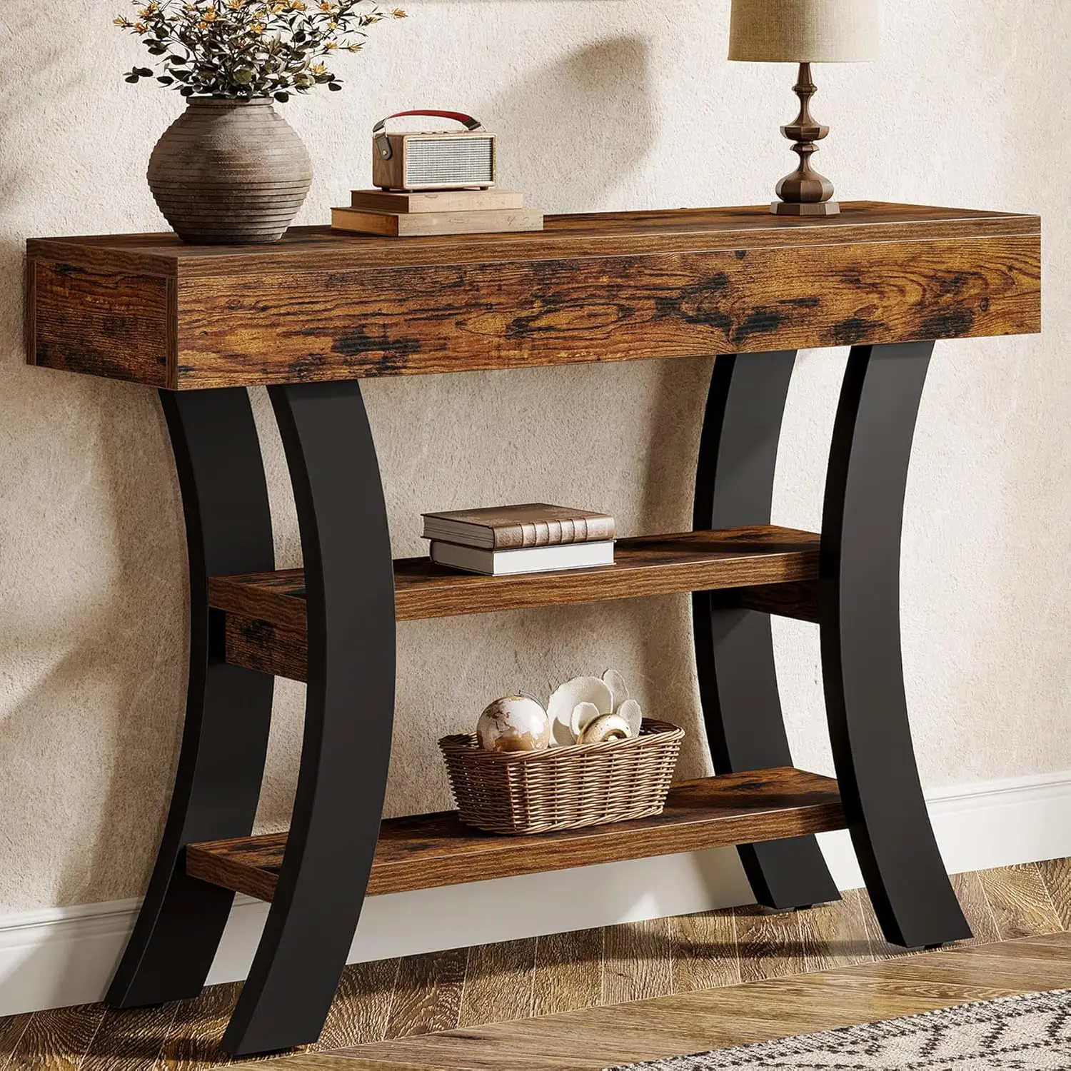 LustreC 41" Small Console Table for Entryway, 3-Tier Narrow Rustic Sofa Table with Storage Shelves and Curved Frame for Living Room, Entry, Hallway, Foyer, Rustic Brown