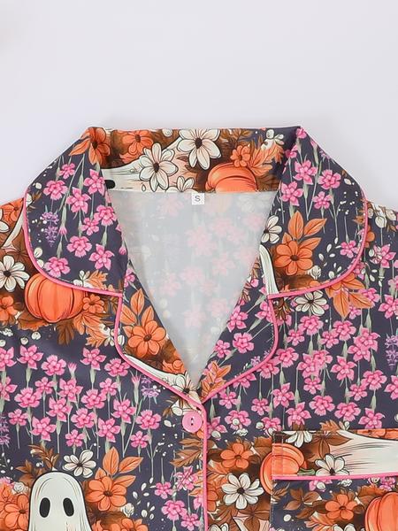 Women's Halloween Pumpkin Bat Print Pajama Set, Lapel Long Sleeve Cardigan & Elastic Waist Pants, All Seasons Sleepwear Home Wear