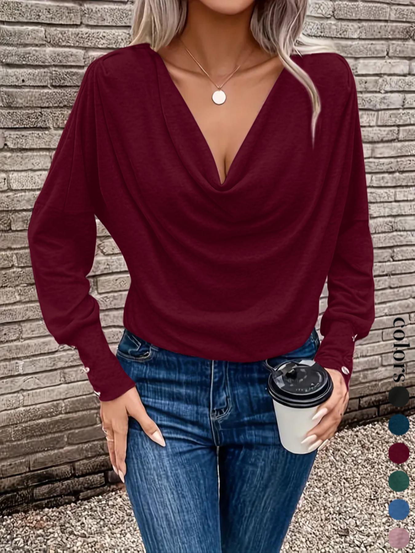 Women's Casual Ruched Long Sleeve T-Shirt, New European-Style Top in Comfortable Stretch Fabric, Perfect for Fall & Winter
