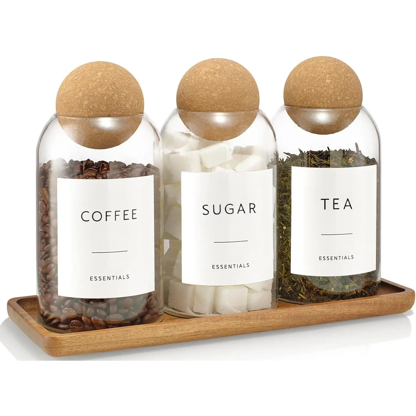 3 Pack Coffee Sugar Tea Container Set, 27oz Glass Jars with Cork Ball Lids