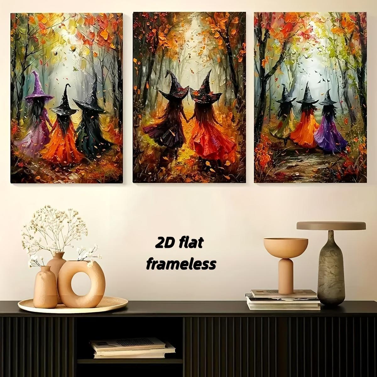3 exquisite witch gathering landscape canvas posters, retro mural art horror home decoration 2D flat printing frameless paintings