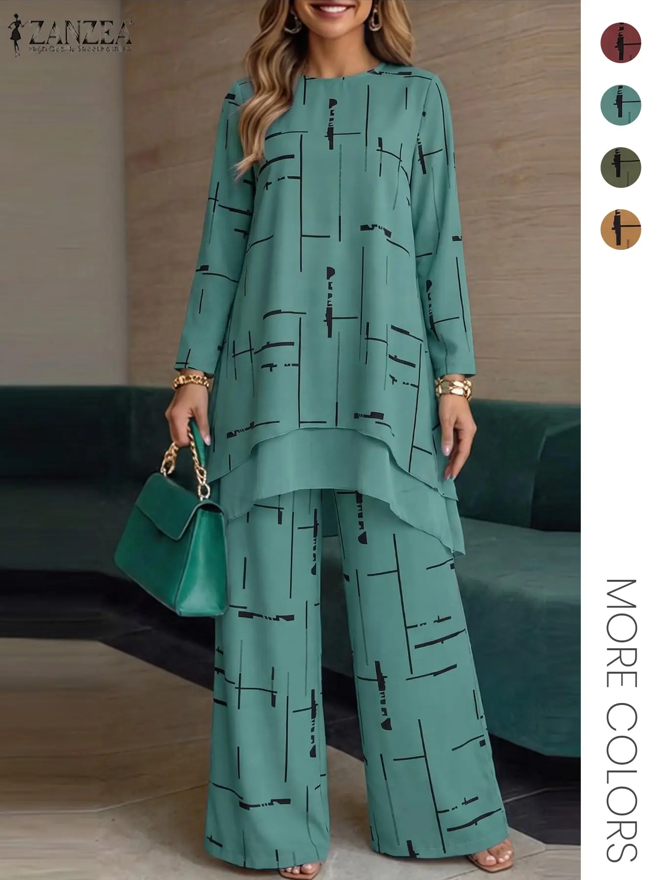 ZANZEA Women's Fashion Retro Daily Two‑Piece Set, Long‑Sleeve Blouse with All‑Over Print, Elastic Waist Pants, Loose‑Fit Casual Oversized Outfit, Style Set