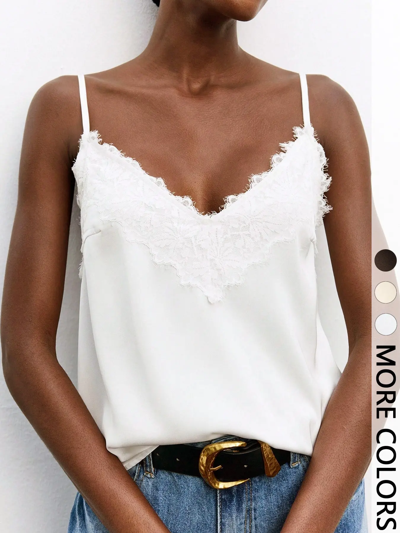Women's Floral Lace Trim Satin Halter Top, V-Neck Thin Strap Backless Vest, Elegant Summer Fashion, Perfect for Casual Wear
