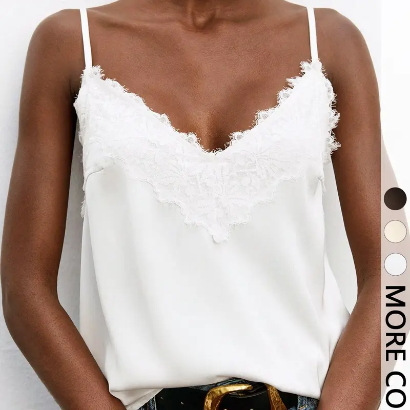 Women's Floral Lace Trim Satin Cami Top, V-Neck Thin Strap Low Back Design, Elegant Chic Summer Fashion, Perfect for Casual Wear