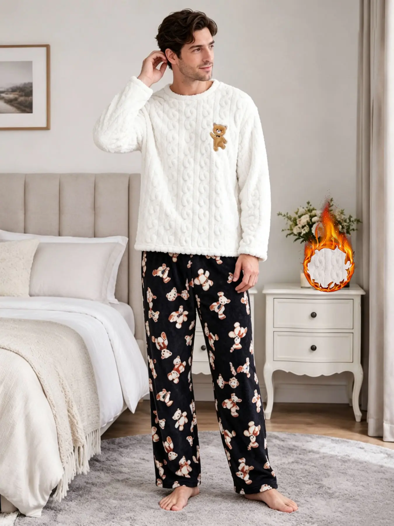 Men's Cartoon Bear Plush Pajama Set, Long Sleeve Top and Bear Print Pants, Cozy Warm Home Wear for Fall Winter