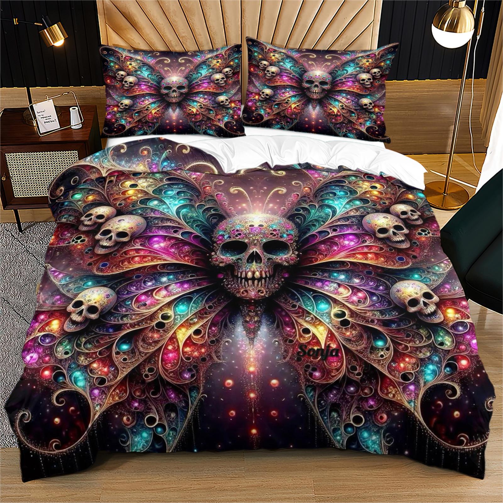 Skull Pattern Soft Durable Decorative Bedding Set, Includes 1 Fitted Sheet and 1 or 2 Pillowcases, No Cotton Inner Core, Ideal for Daily Use, Holidays, Birthdays