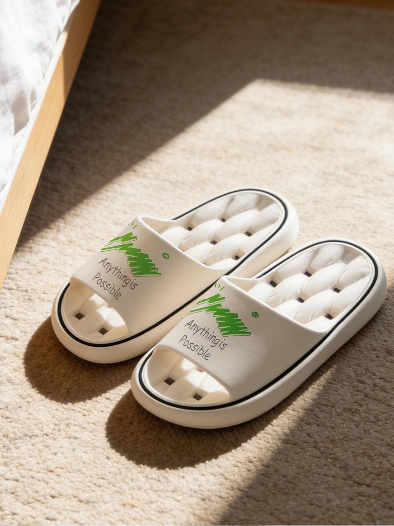 1 Pair Inspirational Slogan Bamboo Themed Printed Hollow Massage Thick Sole Slippers, Minimalist Fresh Style, Non-slip Soft Sole, Quick-dry for Bathroom, Indoor & Outdoor Dual-use, Open Toe Slides, Bathroom Casual Slippers