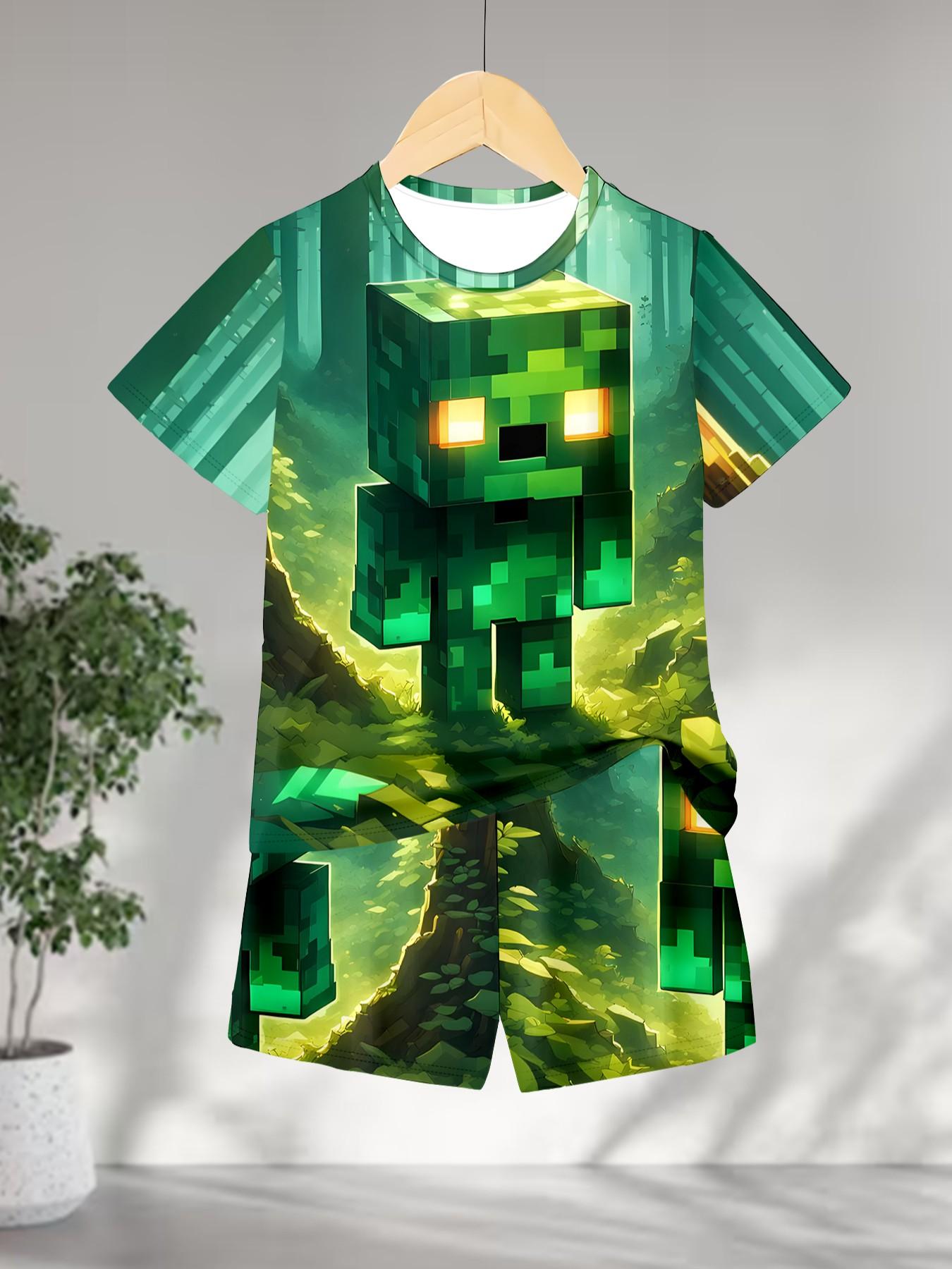 Boys' Creeper Pixel Print Short Sleeve Shorts Set, Casual Asymmetrical Design, Natural Waist, H-Type Silhouette, Random Print Pattern