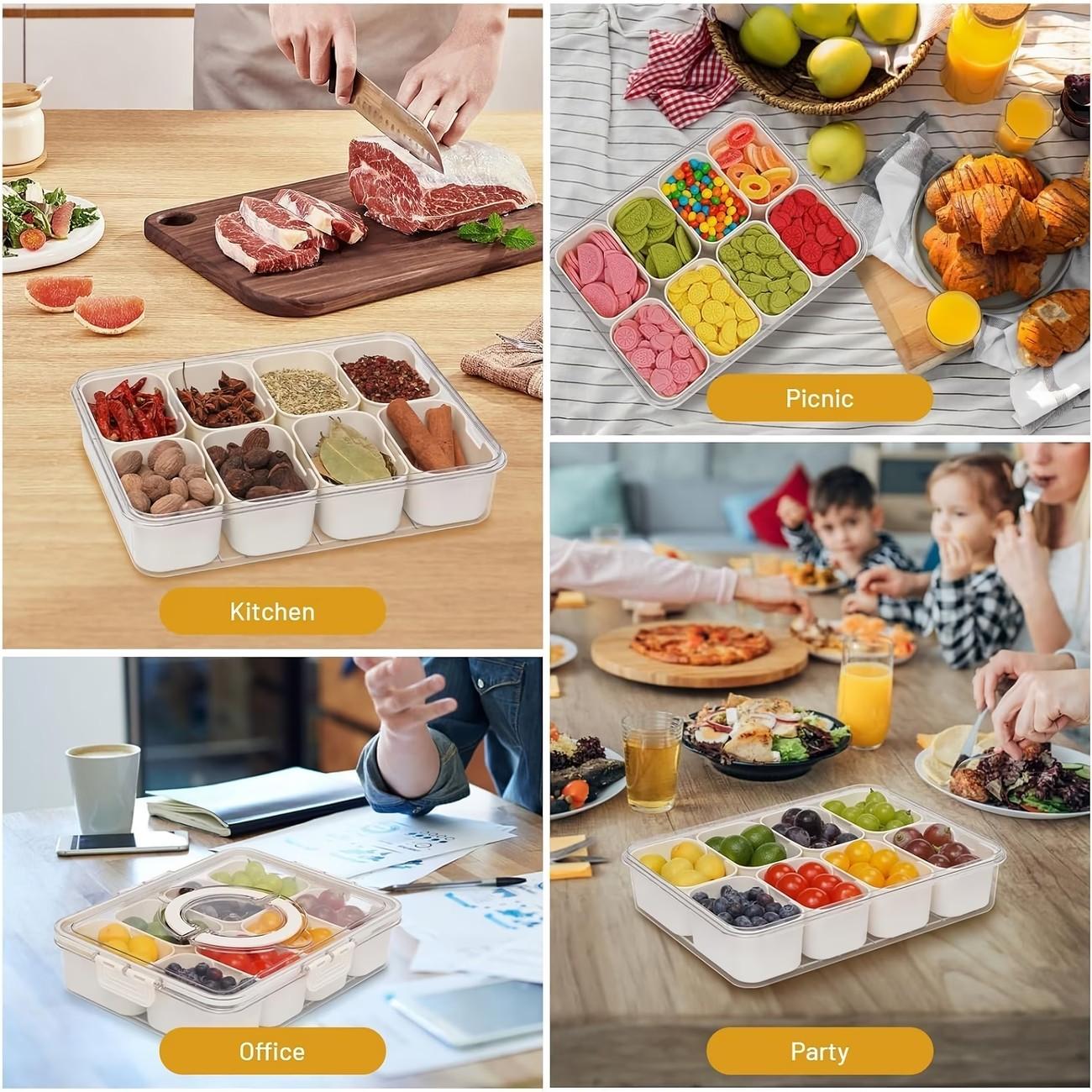 4/8 Compartment Transparent Snack Box with Lid & Handle, Plastic Kitchen Sealed Container, Portable Food Organizer for Lunch, Travel, Camping, Plastic Food Containers, Food Storage, Clear Container
