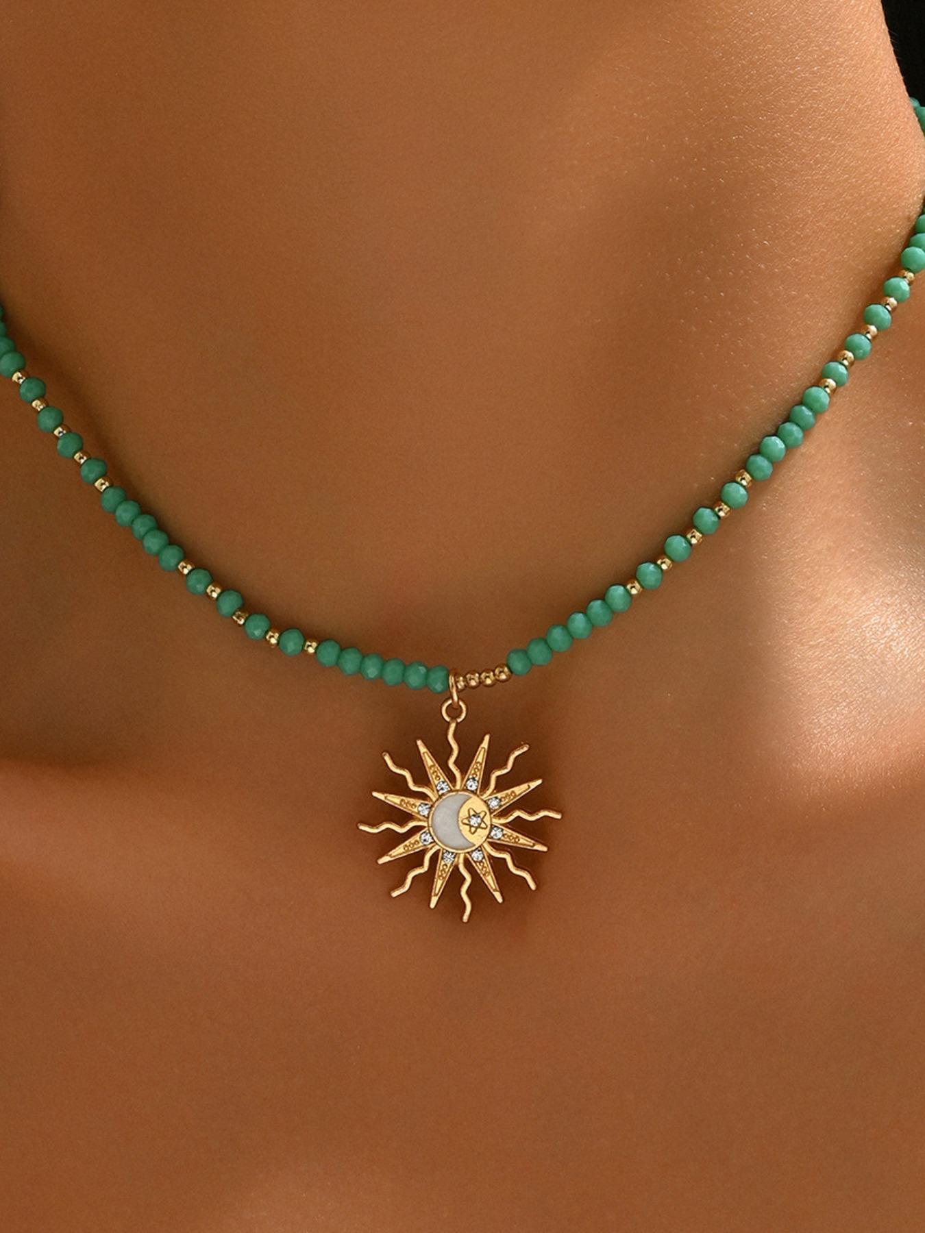 Boho Style Necklace with Turquoise Beads, Elegant Women's Jewelry, Perfect Gift for Her, Daily Wear Accessory, Geometric Pattern, Dainty Boho Necklace