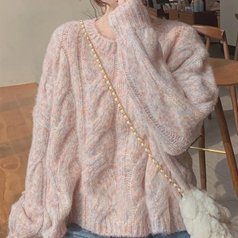 Pastel Pink Cable Knit Sweater Pullovers Women Teen-girl Long Sleeve Crew Neck Cozy Jumper Soft Girl Fairy Kei Harajuku Outfit