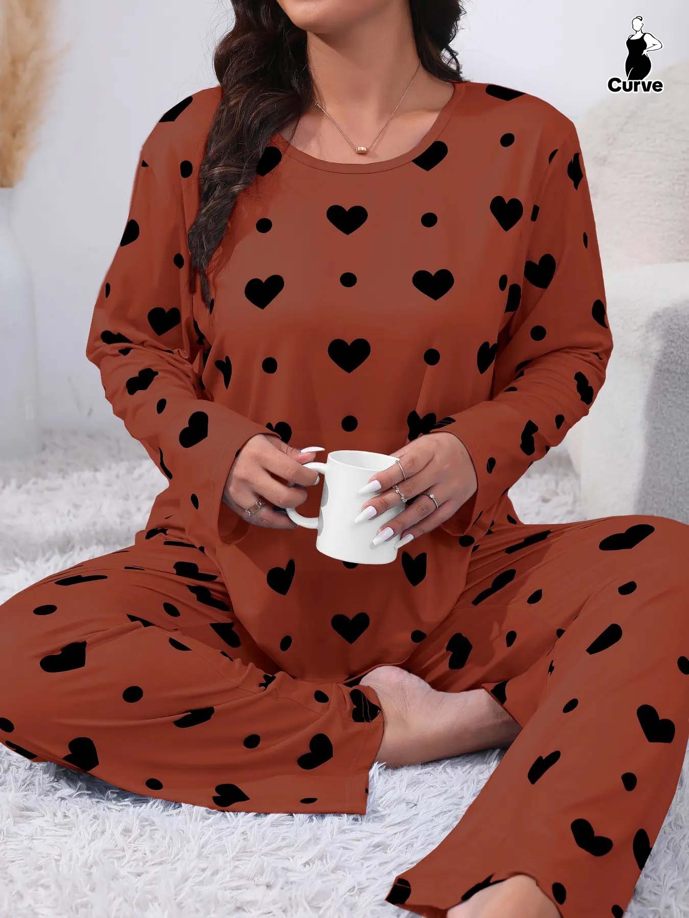 Plus Size Heart Print Drop Shoulder Pyjama Set, Casual Comfy Long Sleeve Round Neck Top & Trousers PJ Set, Pajamas, Summer Outfits 2024, Women's Sleepwear for Spring & Fall