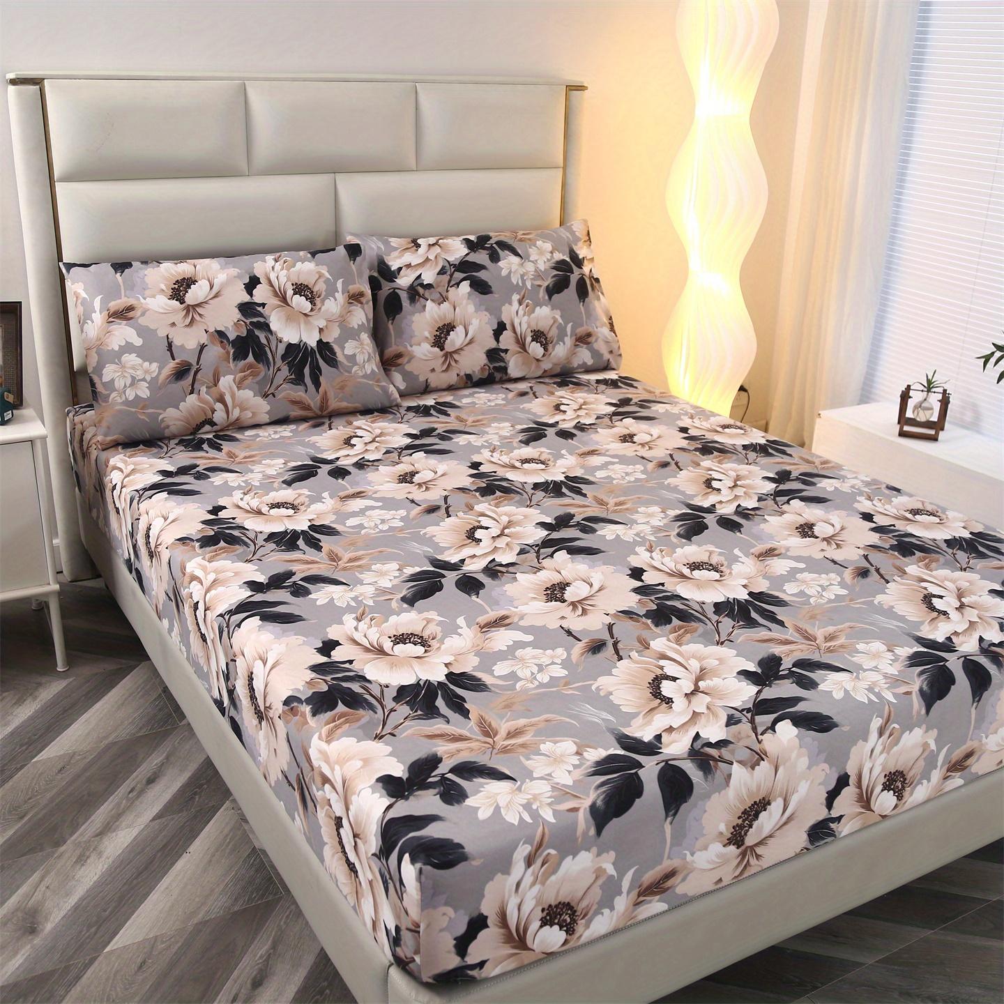 3pcs Floral Print Bedding Set, Floral Sheets, Soft and Comfortable, Suitable for Bedroom, Guest Room, Includes One Fitted Sheet + Two Pillowcases, No Core, Bed Sheet Replacement, Fitted Sheet With Pillowcases, Printed Floral Design, Comfortable Sheet Set