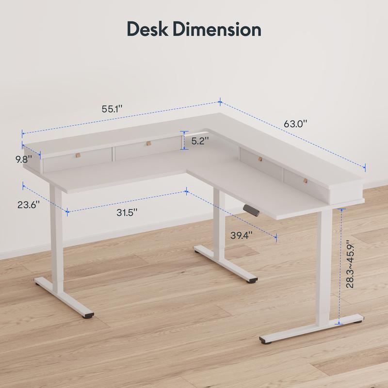 FLEXISPOT L-Shaped Electric Standing Desk with 4 Drawers & USB Charger Adjustable Height  for Home Office Gaming Height Adjustable Home Office Corner Desk with Monitor Shelf