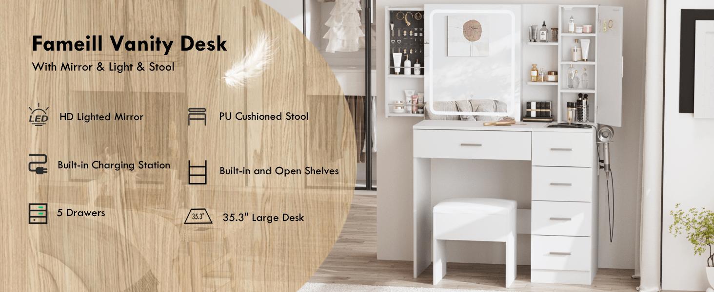 Vabches White Vanity Desk with Mirror and Lights,Makeup Vanity Table Set with Power Strip and Sliding Locker,Visual Drawer Makeup Desk with 5 Drawers&Shelves&Cabinet,3 Lighting Modes