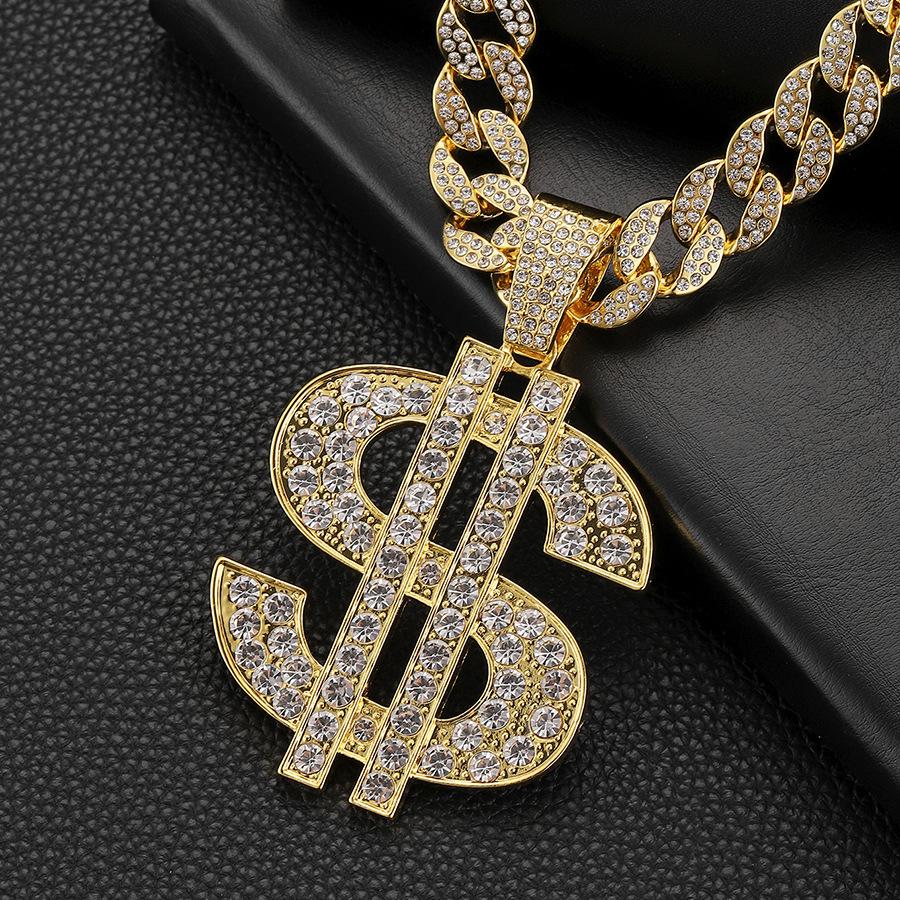 Dollar sign necklace, exaggerated full diamond dollar pendant, unisex personalized trendy hip-hop long necklace