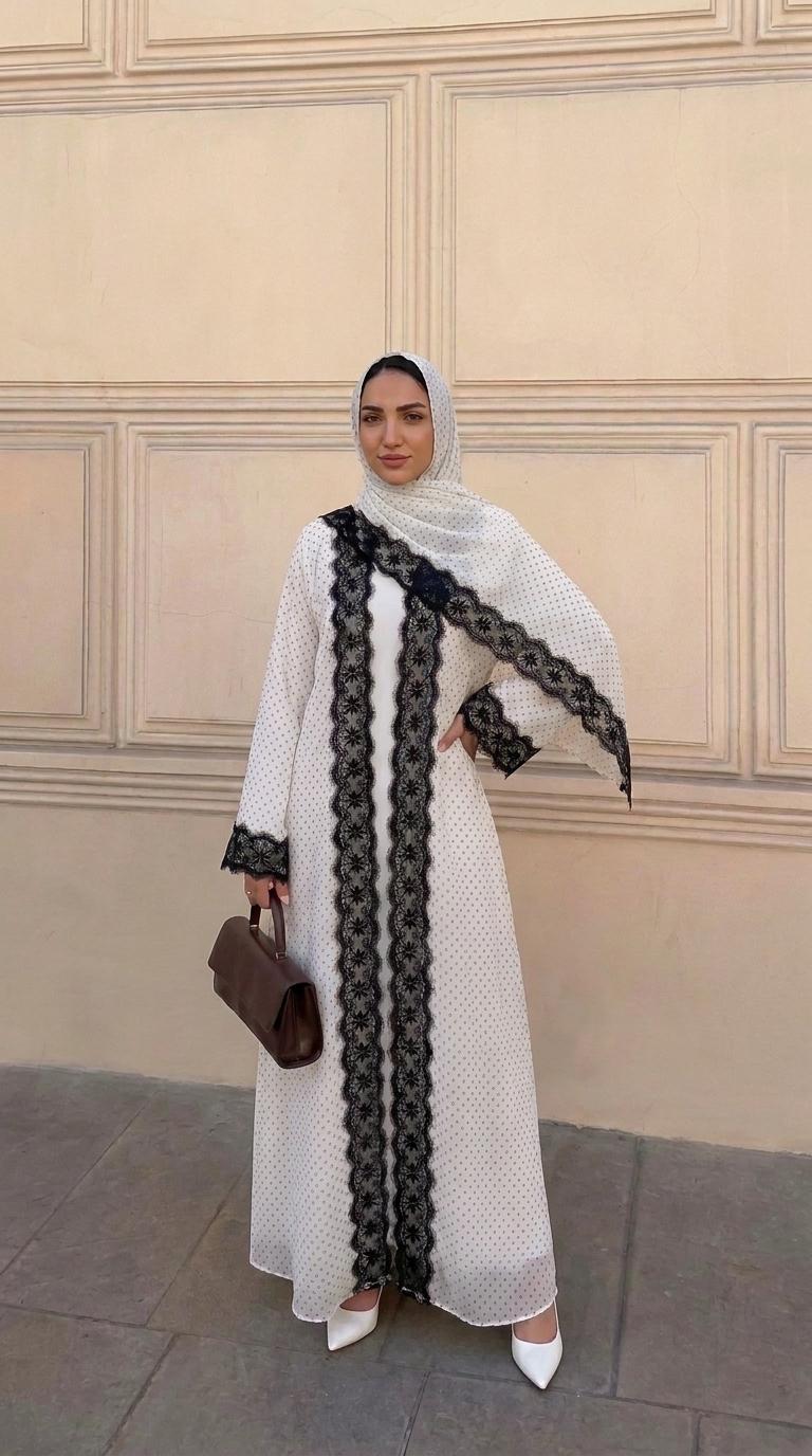 CL84 Elegant polka‑dot open abaya with matching hijab, delicate floral lace trim, soft premium‑quality fabric. White‑black and black‑white lace versions. Great for daily and formal occasions, ideal modest wear for hijabi women.