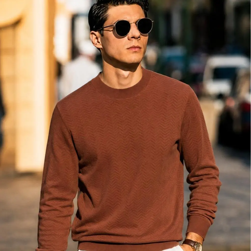 Boveme Men’s 100% Merino Wool Crewneck Sweater – Lightweight Textured Knit Pullover, Soft Breathable Long Sleeve Top