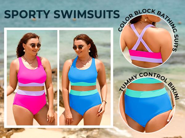 Aqua Eve Plus Size Two Piece High Waisted Bikini Swimsuits Scoop Neck Bikini Set Sporty Bathing Suits