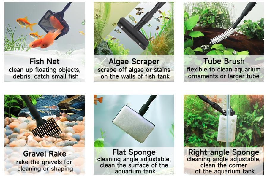 hygger 6-in-1 Aquarium Cleaning Tools, Multipurpose Fish Tank Cleaning Kit for 20-160 Gallon Tank with Telescopic Long Handle,6 Clean Heads