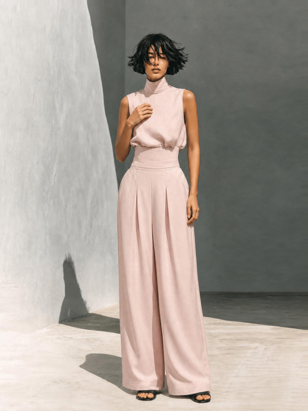 Elegant Lightweight Breathable High-Neck Sleeveless Two-Piece Loungewear Set for Women, High-Waisted Wide-Leg Pants with Pockets, Boho Style Home Sleepwear Suite Pajamas