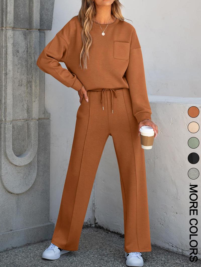 2-Piece Women's Casual Long Sleeve Pocket Sportswear Set, Stylish Comfortable Wide Leg Athletic Set for All Seasons