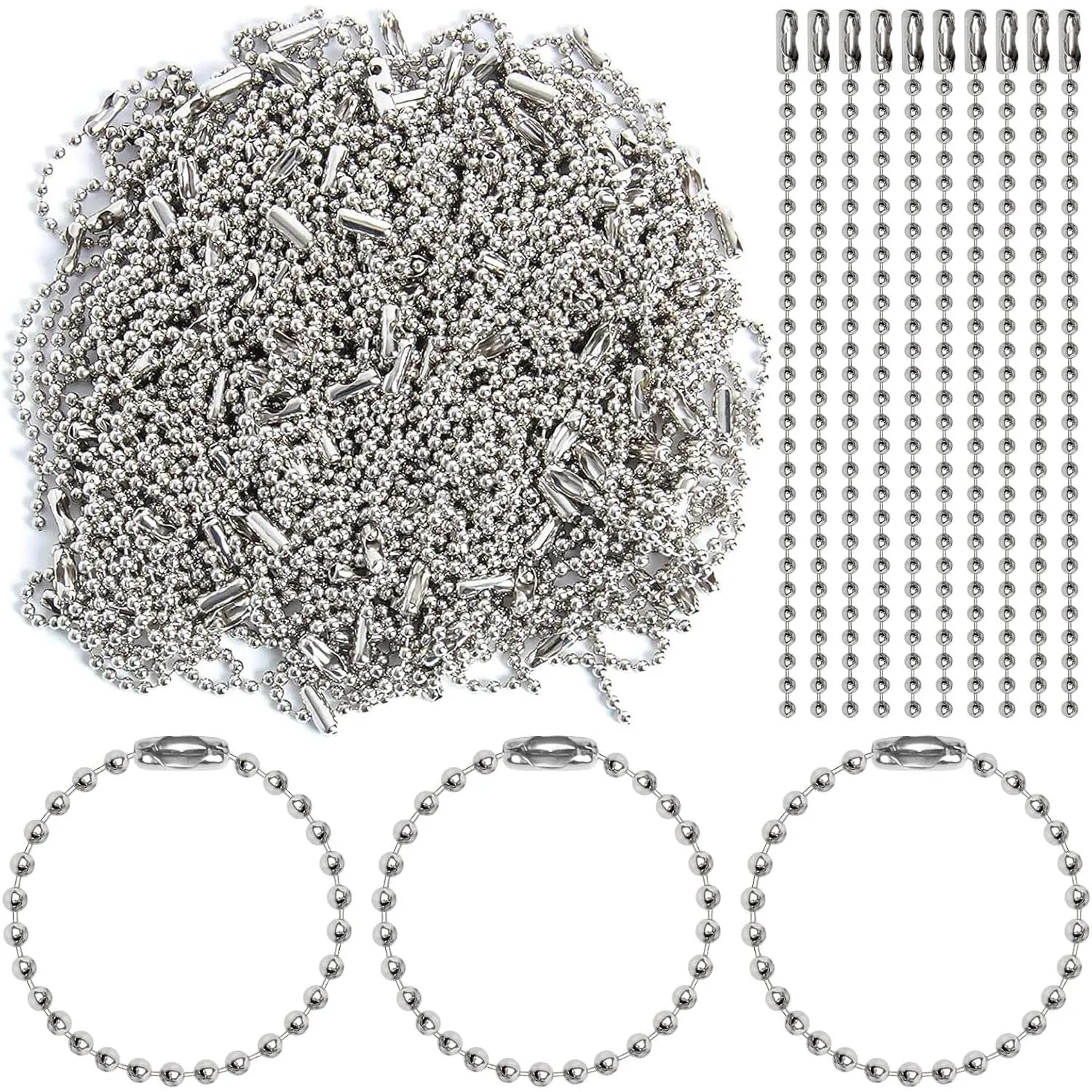 200 count Long Bead Ball Chain  Tag 3.9 Inch   Ball Chain |2.4 mm Diameter Adjustable for Keychains, Badges,  Making