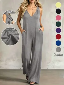 Plus Size Women's 8 Color Options, Solid Backless Wide Leg Pants, Casual Elegant Chic, Loose Fit Slimming, Home Outdoor Commute Daily Wear, Pockets Wideleg
