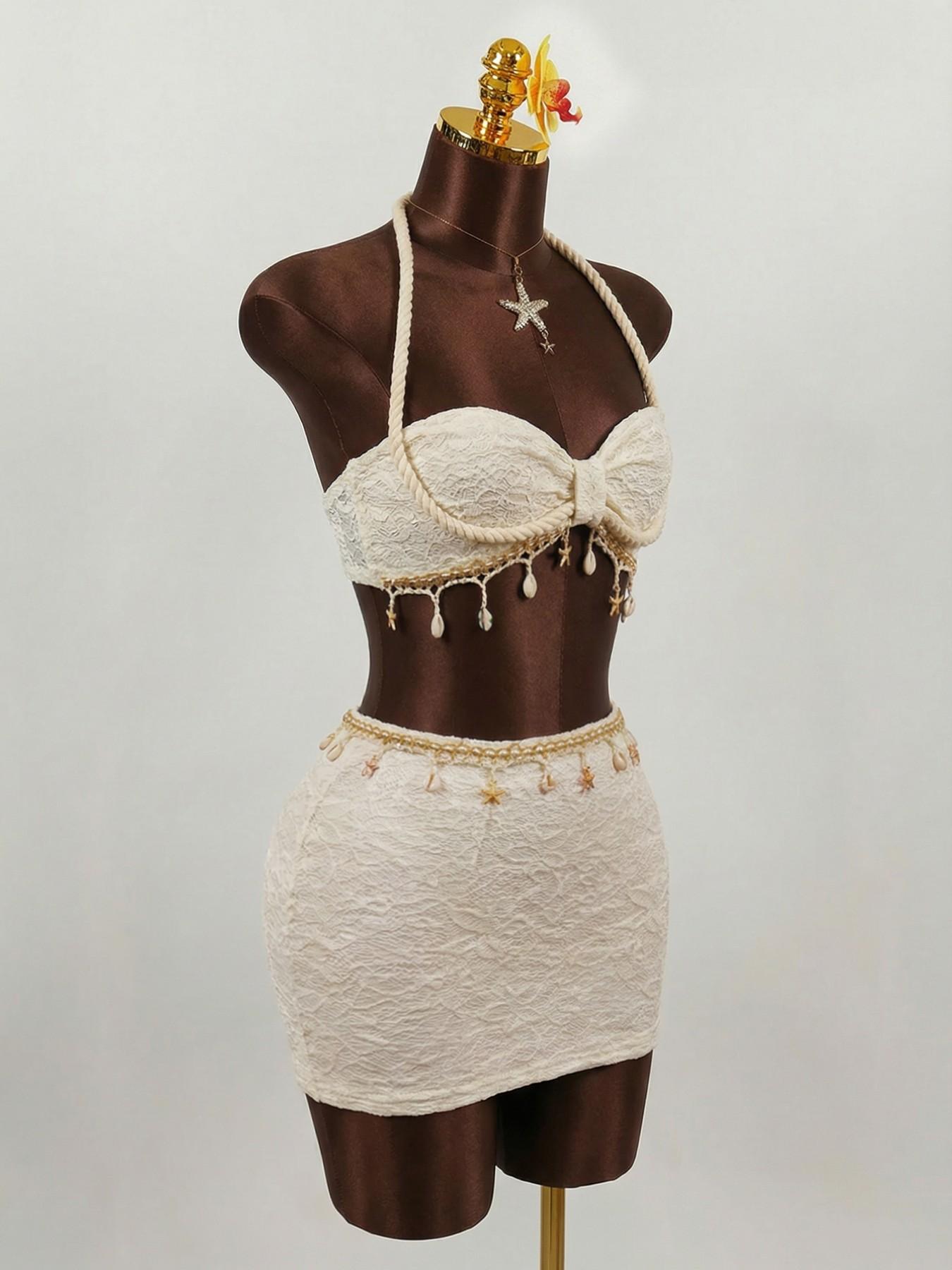 Women's Fashion Sexy Linen Halter Top and Skirt Set Outfit, Shell Trim Lace Up Neckline, Elegant Summer, Casual Wear, Womenswear