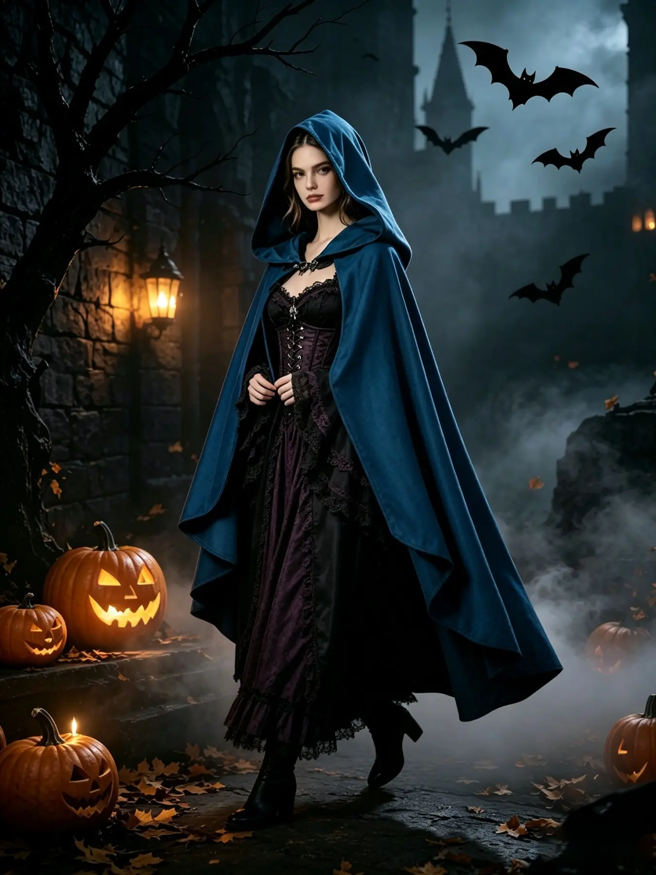 Women's Vintage Medieval Gothic Hooded Mid-Length Cape, Halloween Witch Wizard Cosplay Costume, Stage Photography, Versatile Shawl Cloak