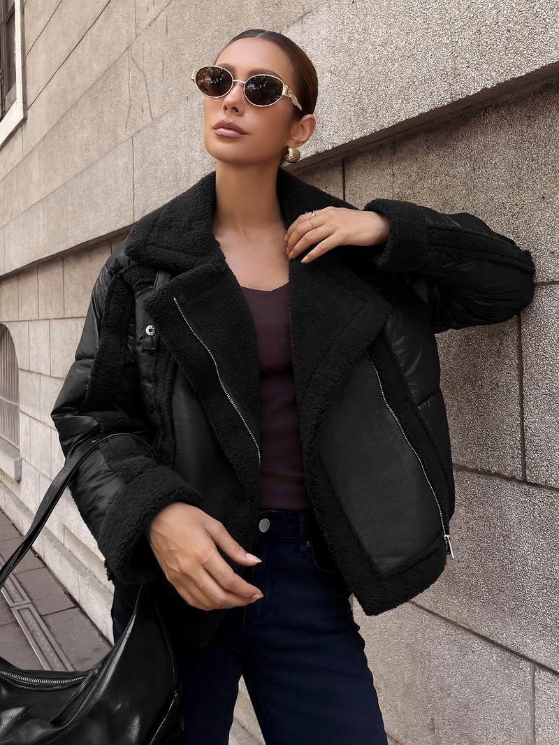 Women's Fall Winter Fur Coat, Stand Collar Warm Top, Motorcycle Style Patchwork Short Jacket, Casual Fitted Long Sleeve Outerwear