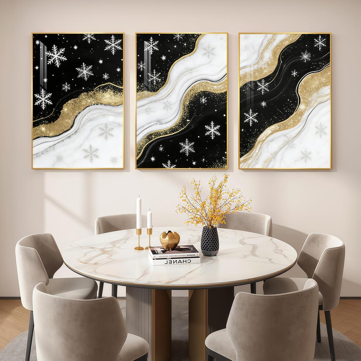 3 Counts Aluminum Alloy Framed Painting, Black White And Gold Snowflake Abstract Art Pictures, Home Decoration For Living Room, Bedroom, Office, Restaurant, Hallway Wall Decor, Odorless Print Artwork, Luxury Perfect Gift For Friends And Family