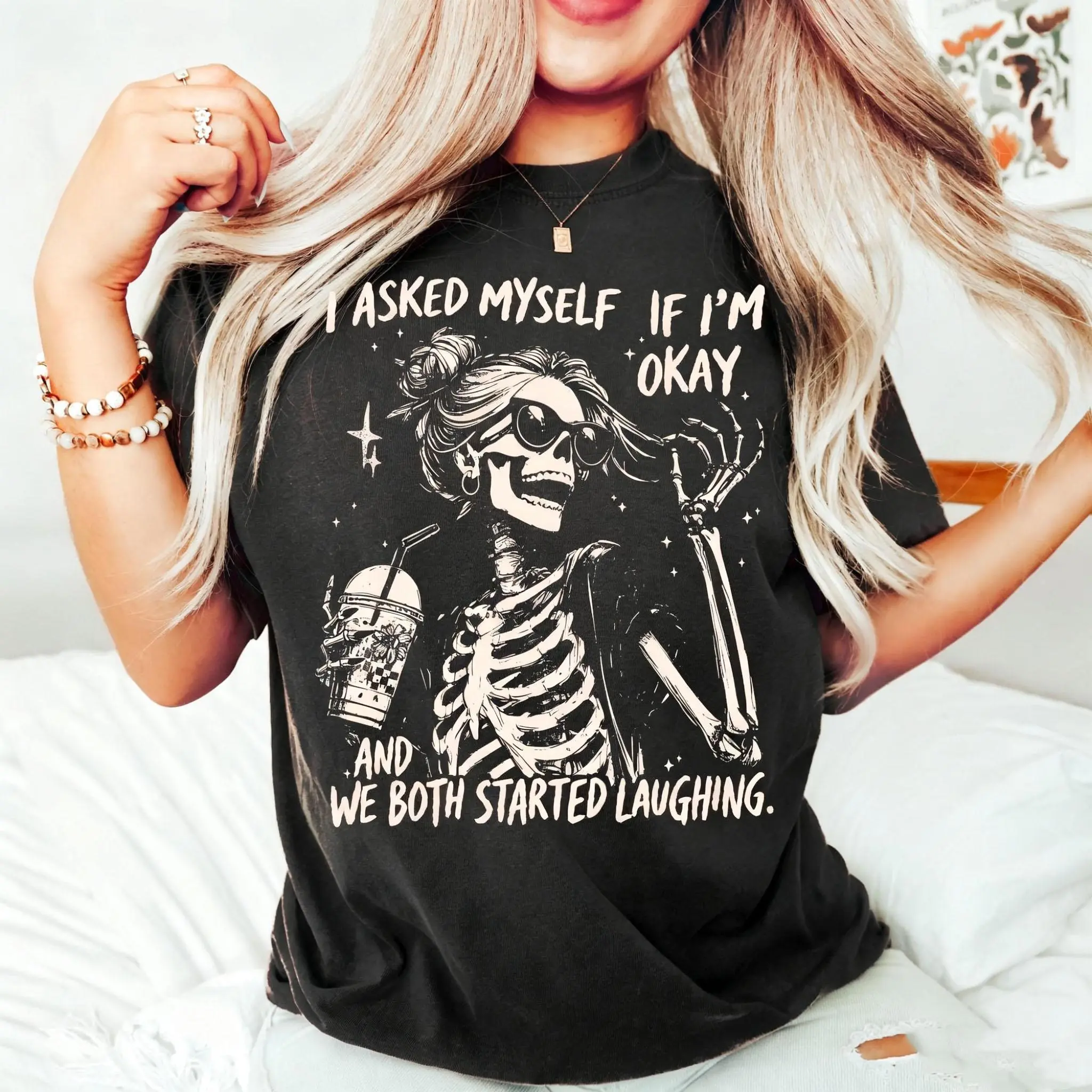 I Asked Myself If I'm Okay Skeleton Graphic T Shirt Sarcastic Mental Health Funny Tee